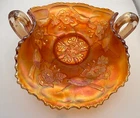 Vintage Marigold Carnival Glass Double Handled Bowl Birds Floral Scalloped Edge