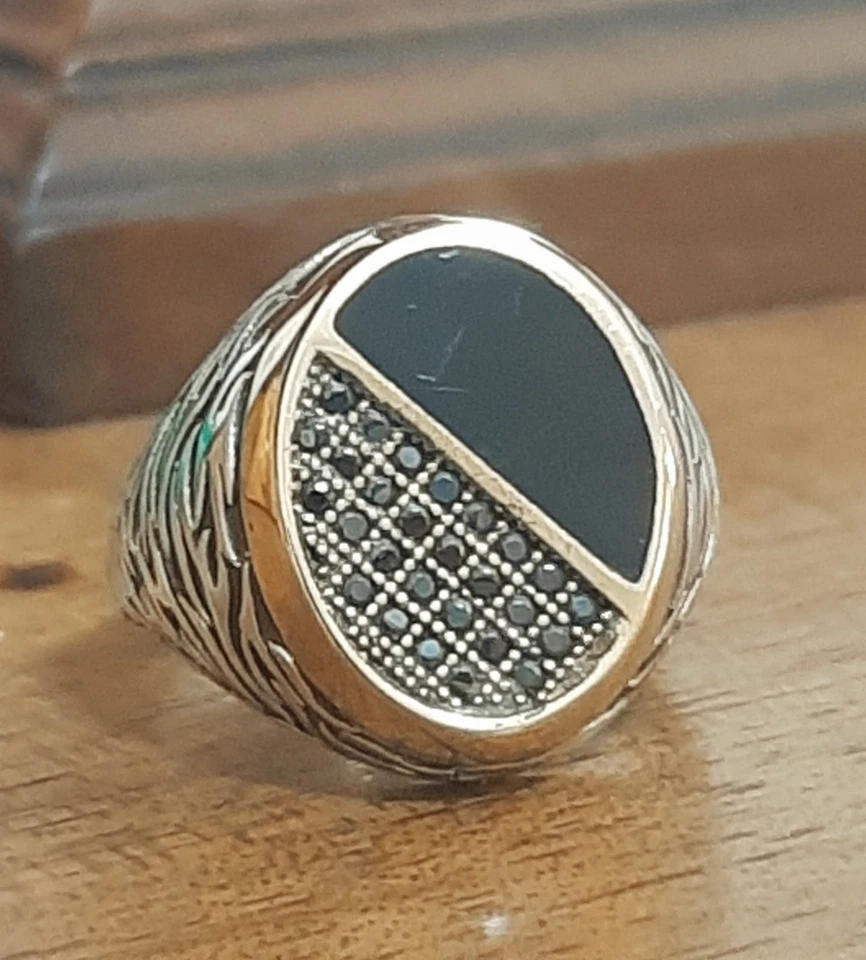 ANELLO UOMO Onice ARGENTO 925 sigillo solitario smalto Ring Man Sterling Onyx $ - Immagine 2 di 4