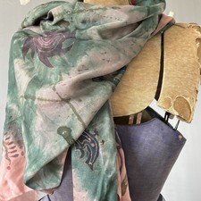 Vintage Hand painted Silk Scarf Watercolor Floral Print 30x68"