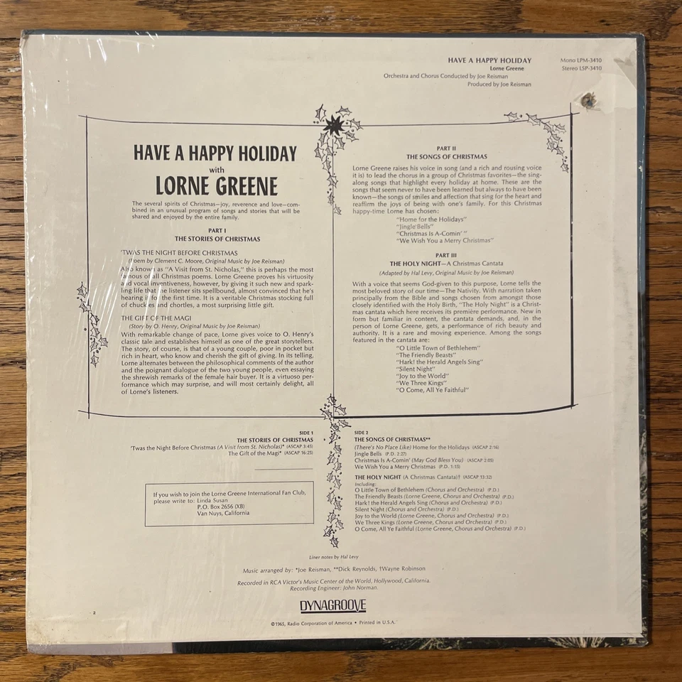 Lorne Greene Have A Happy Holiday Christmas LP RCA Mono + Shrink Bonanza TV M-!! - Image 4 of 4