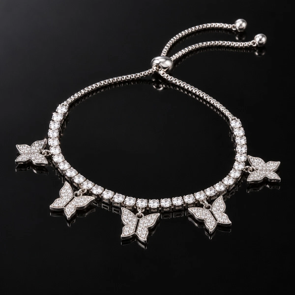 Butterfly Charm Tennis Bracelet Silver Tone Copper Clear Zircon Adjustable