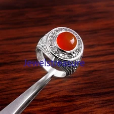 Natural Carnelian & CZ Gemstones with 925 Sterling Silver Ring for Men's #455