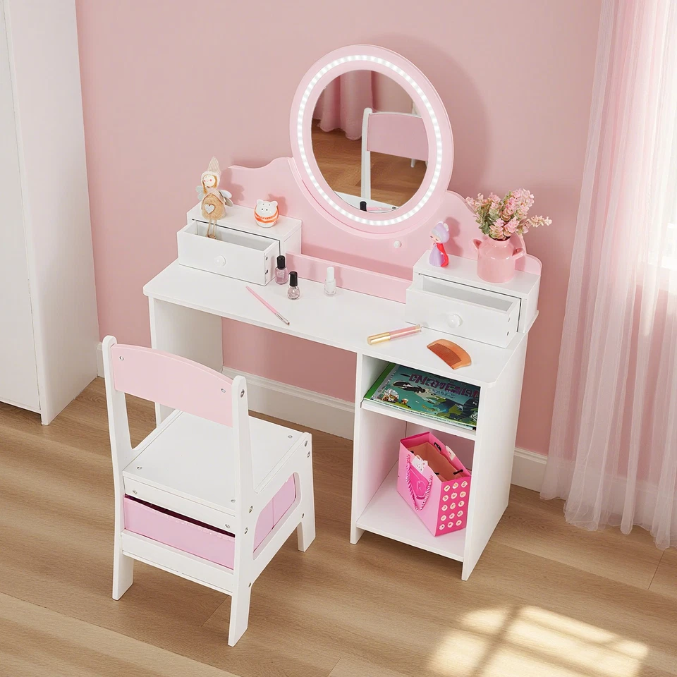 Juego de sillas tocador rosa para niños niñas regalo maquillaje tocador espejo, luces, 2 cajones Foto 3 de 4