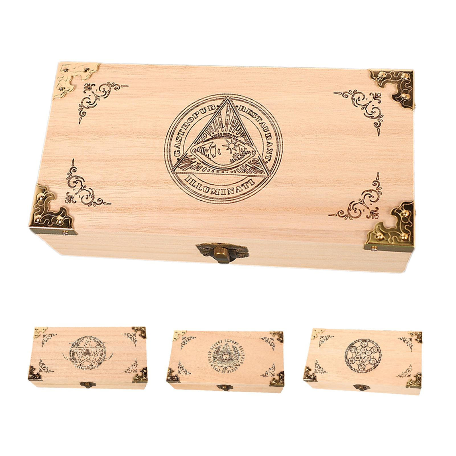 Wooden Tarot Card Storage Box with Rune Symbol and Organizer  -image