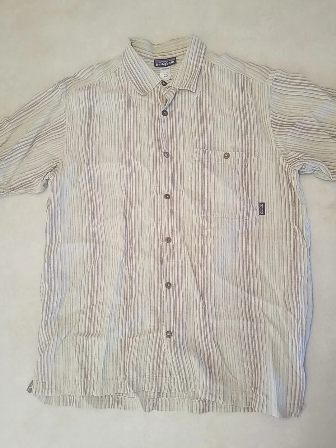 Patagonia Shirt Men Large Khaki Stripe Hemp Blend Western Button Workwear