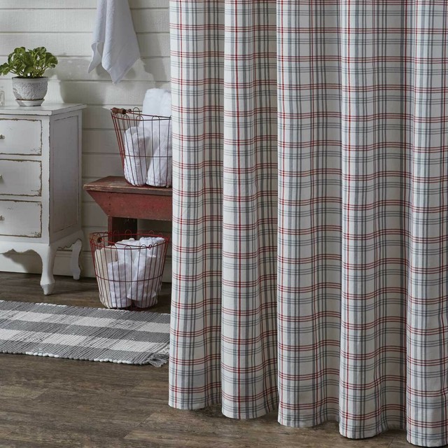 FARM YARD Shower Curtain Red/Gray Plaid Farmhouse Country Cottage Park
