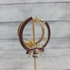 Gold-toned Bee Hoop Earrings, Pink Rhinestones