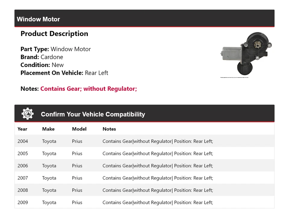Motor ventana trasero izquierdo cardone 2005 2006 2007 2008 Toyota Prius 2004-2009 Foto 2 de 4