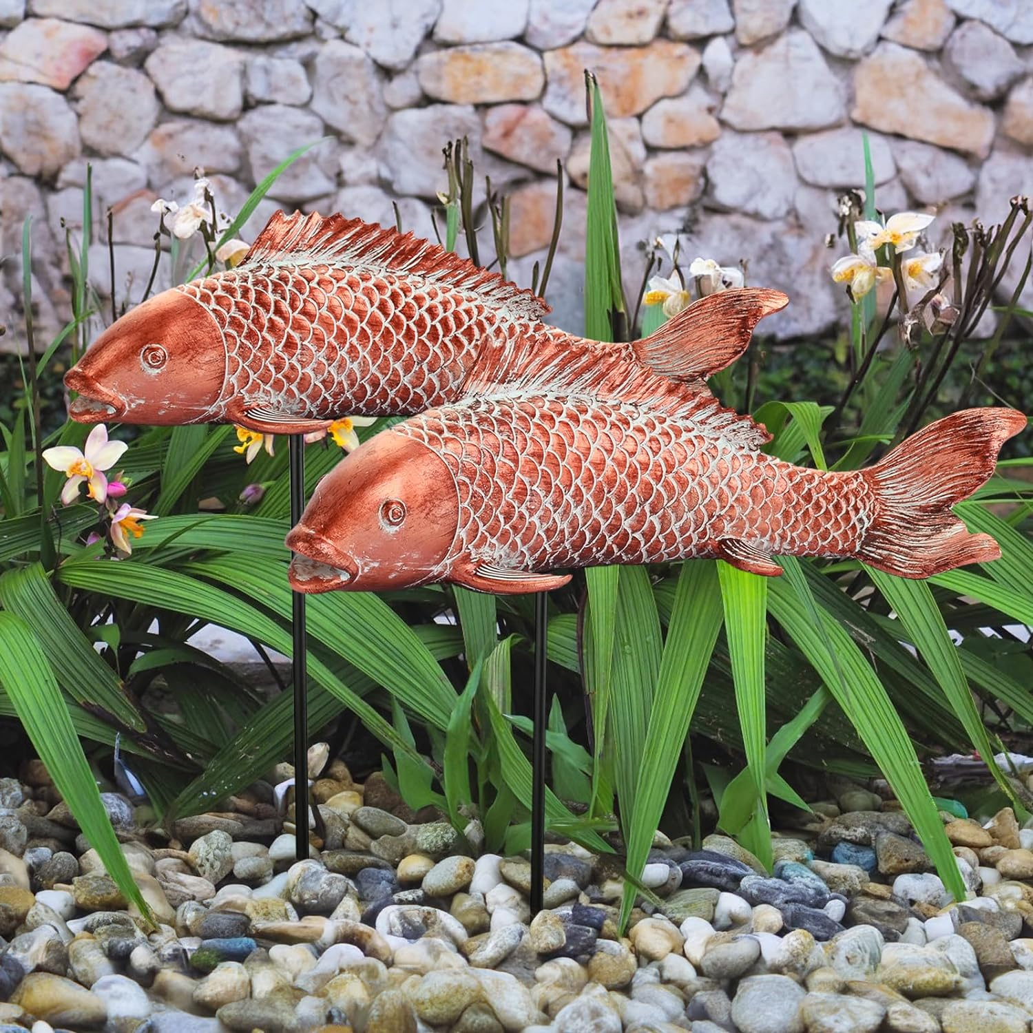 Antique Copper Koi Fish Garden Statues Set of 2 Outdoor Decor Sculptures