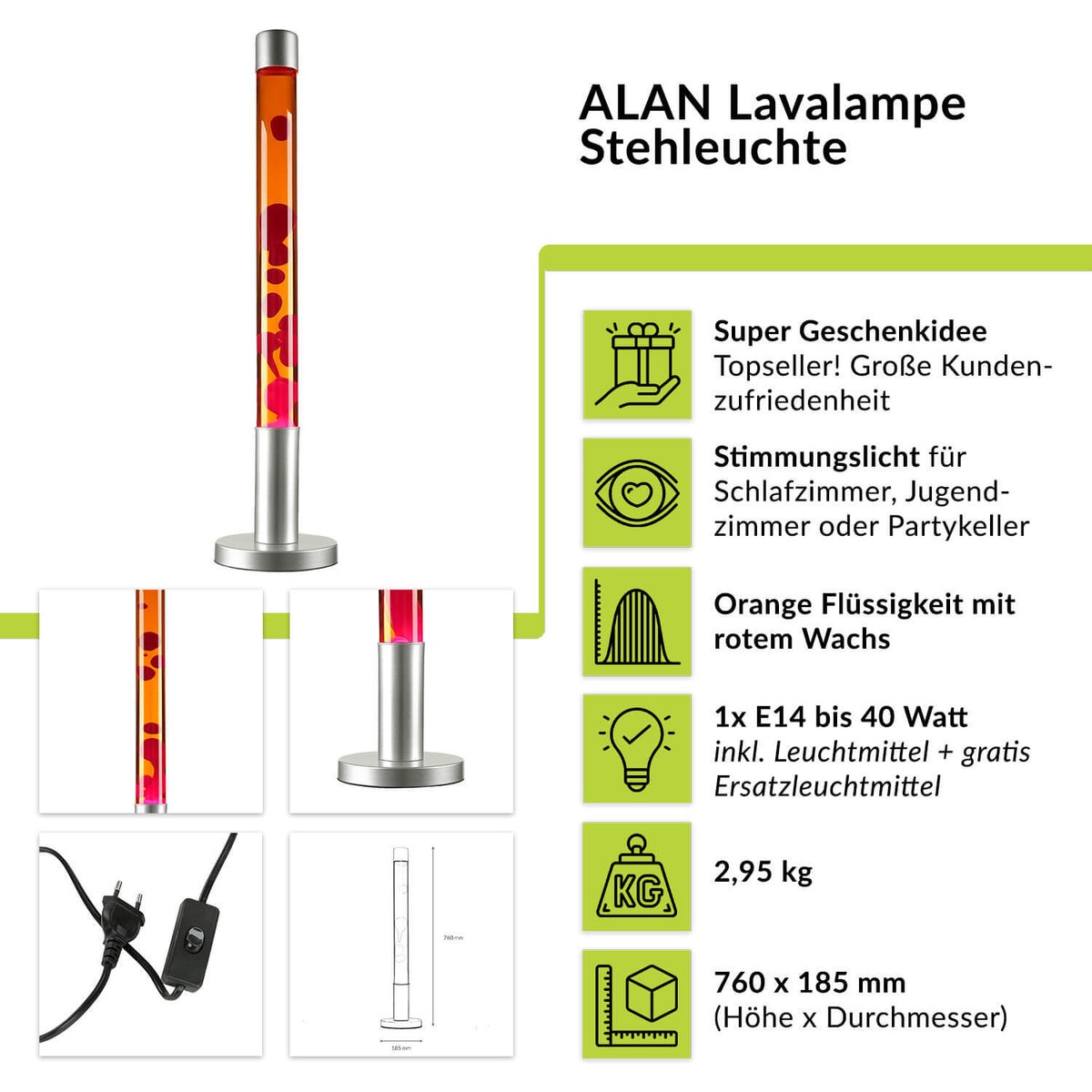 Lavalampe groß Rot Orange 76 cm Retro inkl. Leuchtmittel Stehlampe 