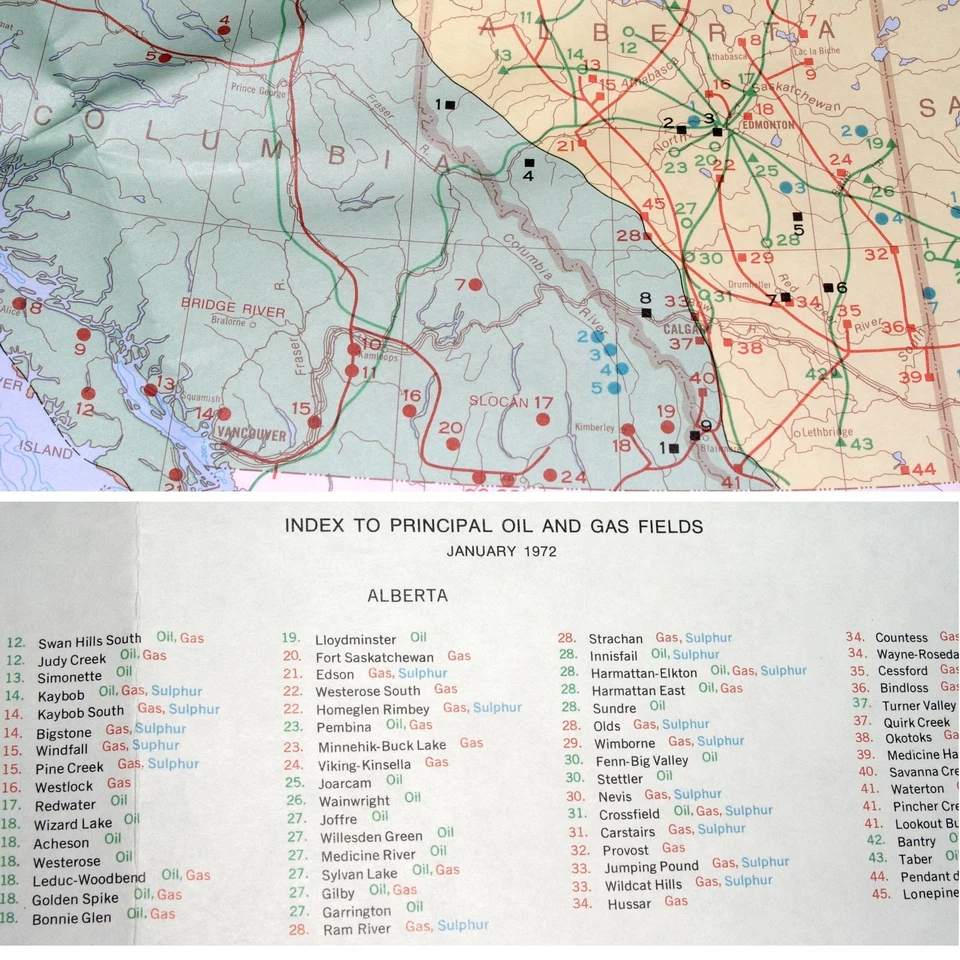 1972 БОЛЬШАЯ ВИНТАЖНАЯ КАРТА КАНАДСКИХ ПОЛЕЗНЫХ ИСКОПАЕМЫХ НЕФТЯНЫХ ГАЗОВЫХ МЕСТОРОЖДЕНИЙ УГОЛЬНЫХ ШАХТ АЛЬБЕРТЫ - Изображение 4 из 4