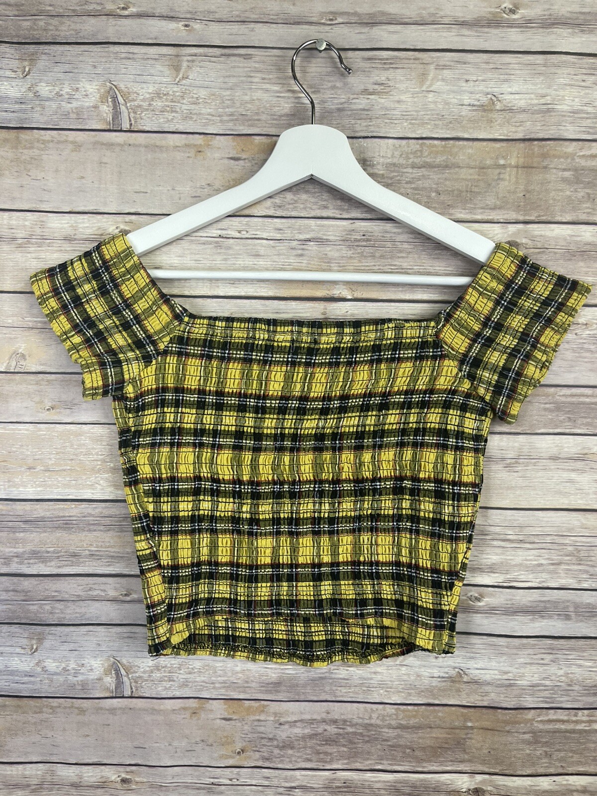 Hot Topic Large Yellow Plaid Smocked Off The Shoulder Crop Top Y2K Clueless  | eBay