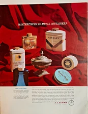 1961 J L Clark Rockford IL Print Ad 13"x10" Cosmetic Containers