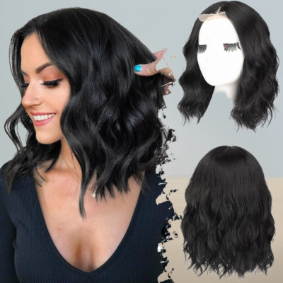 Black Short Wavy Bob Wig for Women Lace Hairline Synthetic 14 Inch