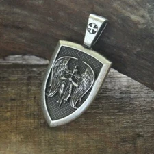 large ST MICHAEL PROTECT SHIELD pendant 22" Sterling Silver 925 necklace men 