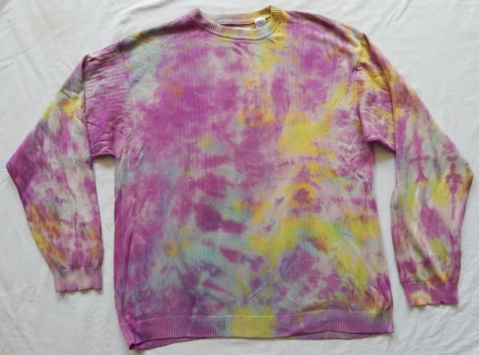 Suéter Pulôver Tie Dye Roxo Amarelo Gola Redonda - Grande Masculino Algodão Feito à Mão - Imagem 2 de 4