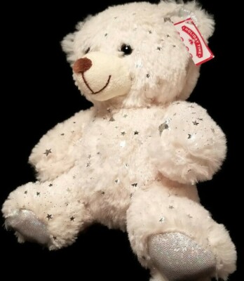 Holiday Time BEIGE BEAR WITH SILVER STAR GLITTER Plush Stuffed Animal Toy 8''