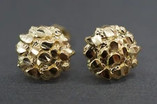 Real 10K Solid Yellow Gold 10MM Diamond Cut Round Nugget Stud Earrings.