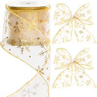 Organzaband Weihnachten 6Cm Breit, Geschenkband Mit Draht Gold, 10 Yards Schneef