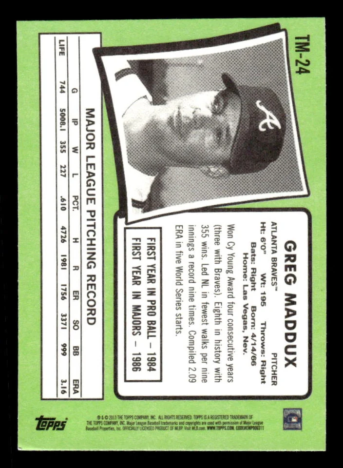 2013 TOPPS UPDATE GREG MADDUX TM-24 MINT 1971 TOPPS MINIS ATLANTA BRAVES - Image 2 of 2