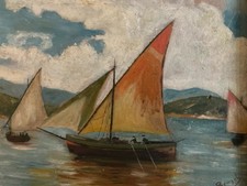 Bellissima Pittura 1940 Olio Su Cartone Mare Barca Bretagna? Firmato Brugel Arte