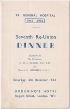 WW2 RAMC 95 General Hospital Reunion Dinner Menu Oddenino's London 1952