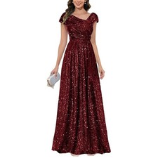 Burgundy Sequin Formal Gown Asymmetrical Crossover Maxi Dress Wine Red NEW