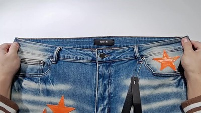 Men's Ripped Orange Star PU Patchwork Sanding Skinny Stretch Denim