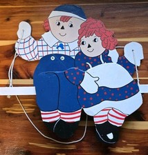 Vibtage Raggedy Ann Andy Wooden Wall Plaque Hand Painted 1970s Nursery Decor