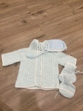 Vintage Baby Girl Light Blue Knit Crochet Cardigan Booties Bonnet Set 0-6 Months