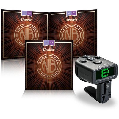 D'Addario NB1152 Custom Light Acoustic Strings 3-Pack w/NS Micro Headstock Tuner