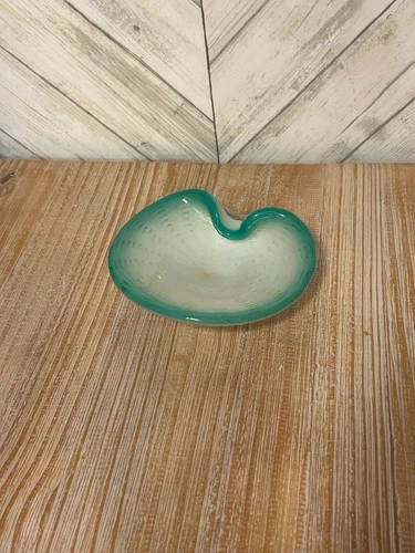 VTG MID CENTURY MODERN MURANO AQUA OPALINE GOLD FLECK BUBBLE ART GLASS BOWL 6x2”