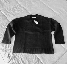 New Loft Women's V Neck Sweater Black Ribbed Neck, Cuffs, Bottom S