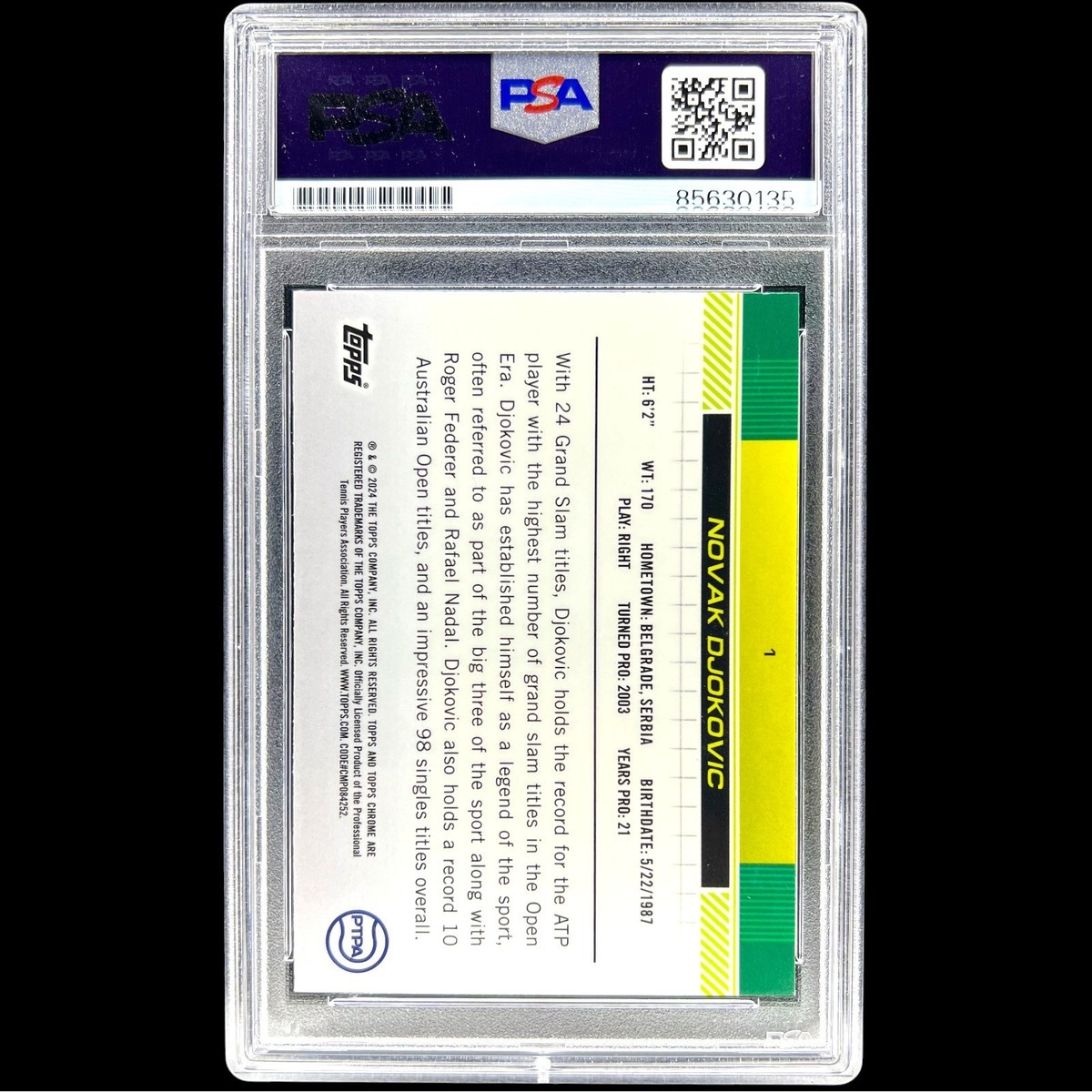 NOVAK DJOKOVIC SIGNED 2024 TOPPS CHROME PURPLE REFRACTOR #1 AUTO