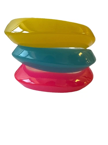 3.5 Inch Plexi Pink Fluorescent Blue Pink Yellow Wavy Bangles 3 Pcs Total - Picture 2 of 3