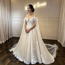 Champagne Wedding Dresses with Cape Lace Applique Sweep Train Bridal Gowns