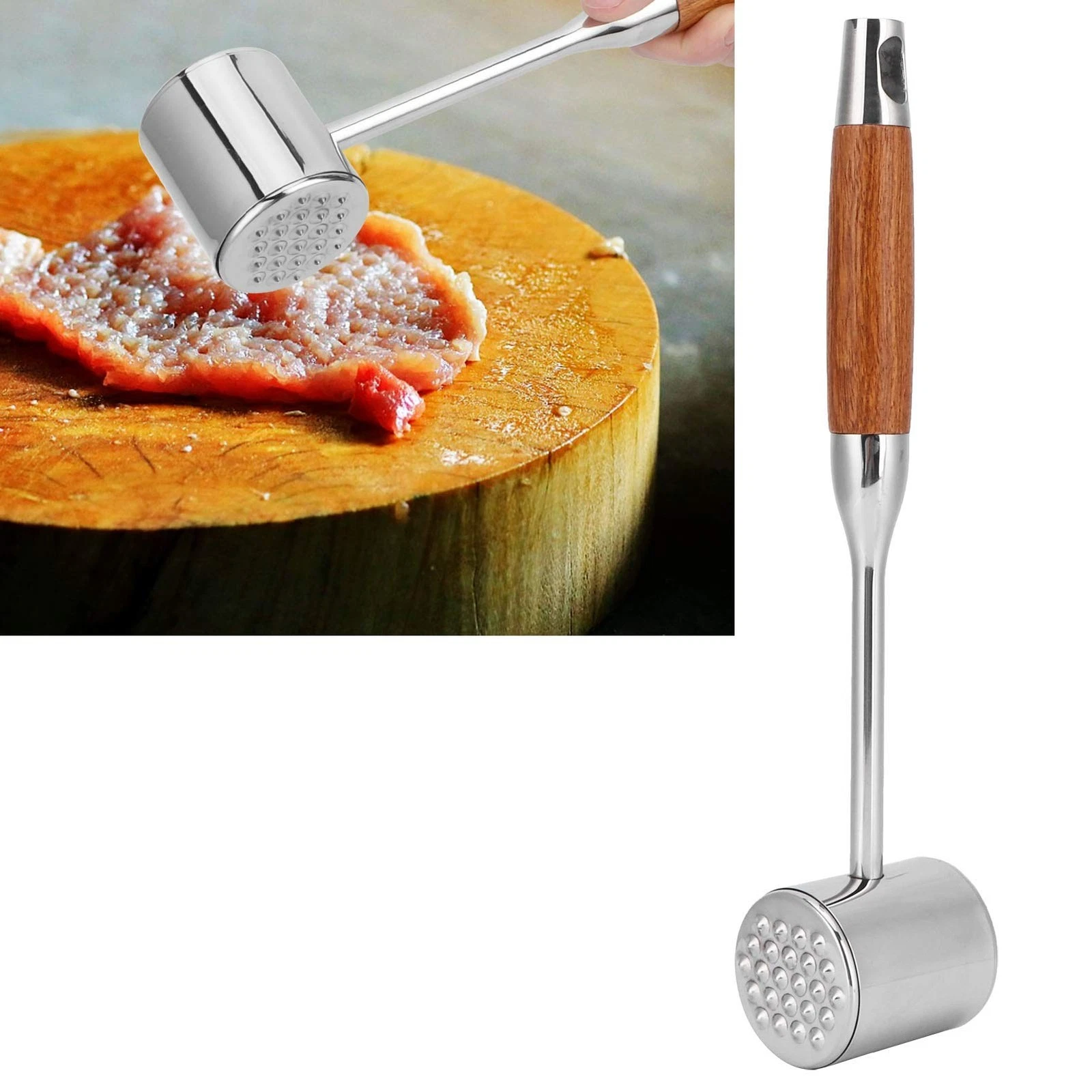Meat Tenderizer Tool, Stainless Steel Meat Mallet, Dual Sided Hammer with Woo...