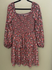 Womens Long Sleeve Floral Casual Dress Smocked Ruffle Size Large Woman