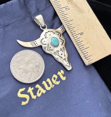 Sterling Silber Stauer Longhorn / Stier / Kuh / Stier / Türkis Anhänger mit Tasche