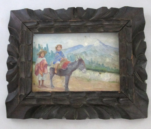 Made in Mexico, Small Painting on Tin Framed Picture, "Travelers" Sonora, Mexico