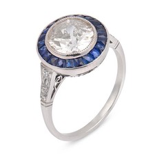 Art Deco style 1.87 carat old European cut diamond sapphire engagement ring