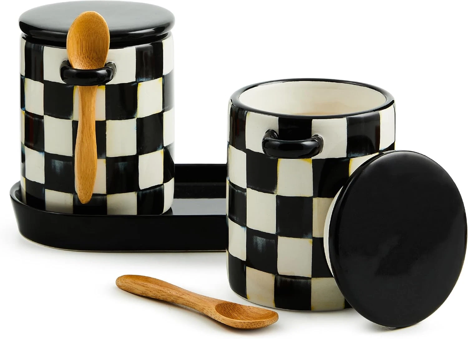 Farmhouse Canister Set of 2 with Lids & Spoons - Black & White Check