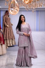 Women's Stylish Peach Chinon Kurti Sharara Set with Embroidery and Lace Border