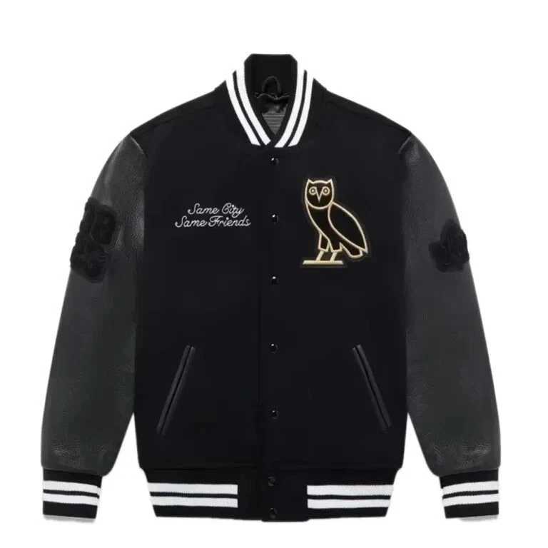 Men`s OVO Collegiate Black Varsity Wool Jacket with Leather Sleeves Jacket NEW