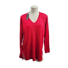 Cable Gauge L Red V-Neck Sweater Lightweight Knit Rayon Tunic Pullover NEW NWT