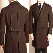 Dark Brown Solid Long Coat Double-breasted With Back Belt Men Formal Overcoat
