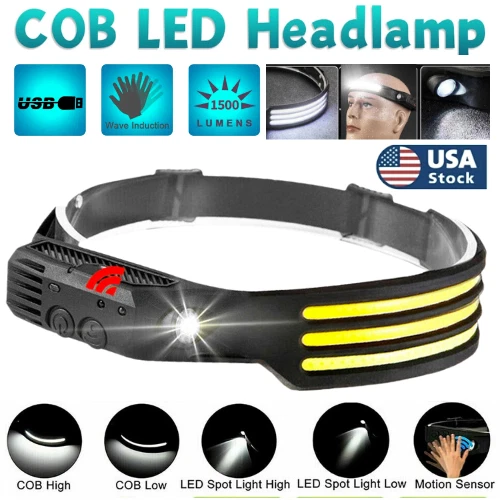 COB LED Headlamp USB Rechargeable Headlight Bar Head Band Torch Work Light 6000K - Image 2 of 4