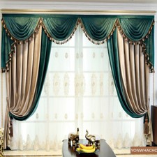 luxury villa beige green velvet cloth blackout curtain tulle valance drape B740 