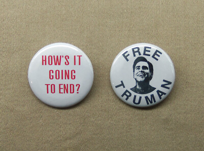 Free Truman & How s It Going To End? 1.25  Buttons Truman Show Jim Carrey Repro