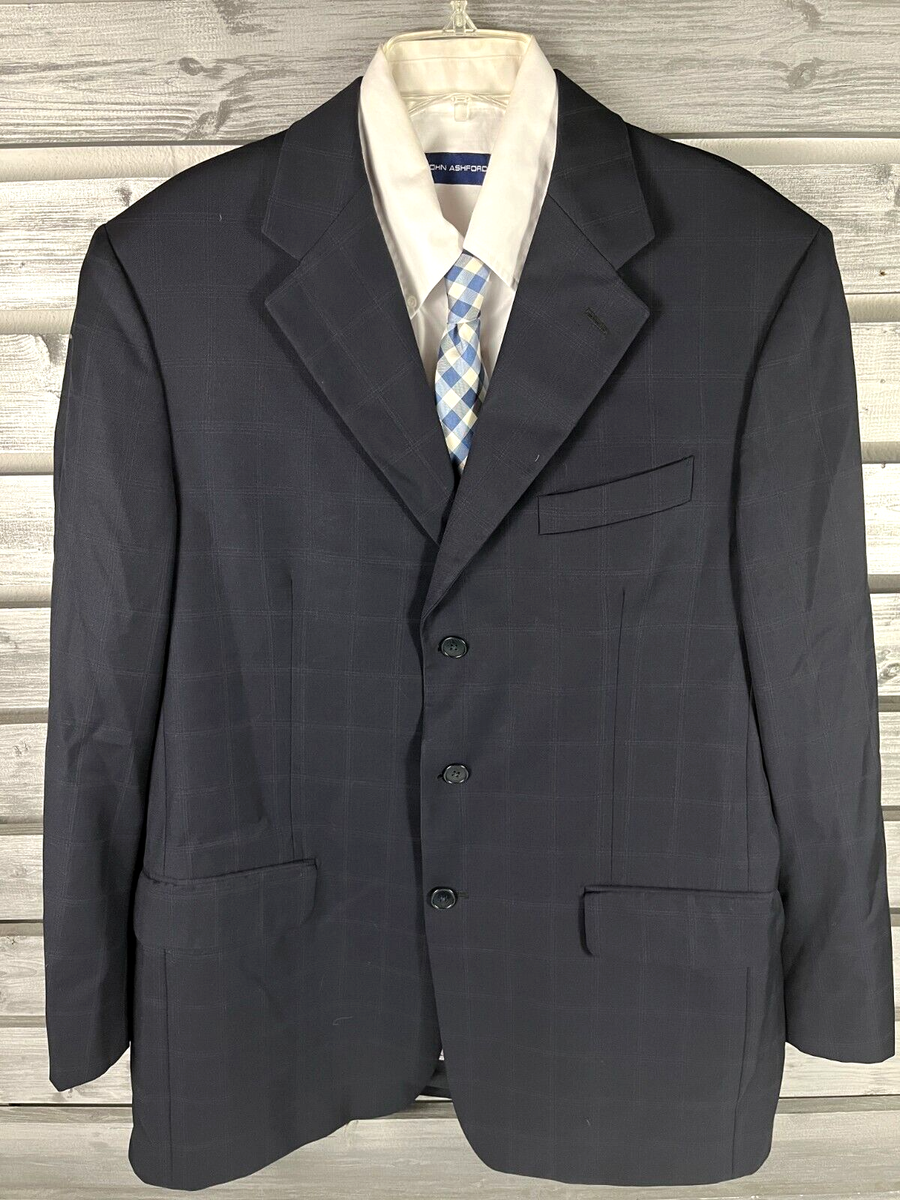 Faconnable Italy Plaid Navy Blue Three Button Blazer Jacket Men 50 100% Wool